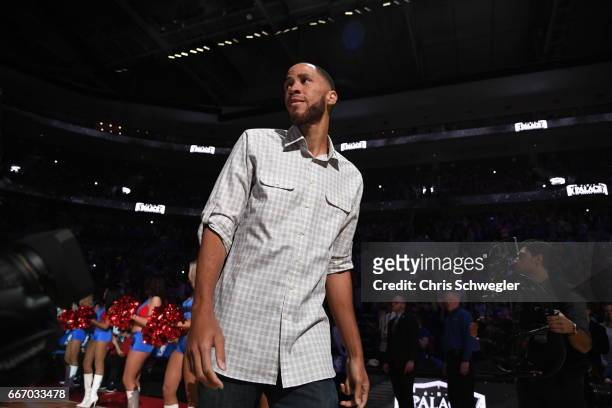 Piston Great Tayshaun Prince is seen during the game between the Washington Wizards and the Detroit Pistonson April 10, 2017 at The Palace of Auburn...