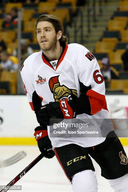 Ottawa Senators left wing Mike Hoffman skates during warm up before a regular season NHL game between the Boston Bruins and the Ottawa Senators on...