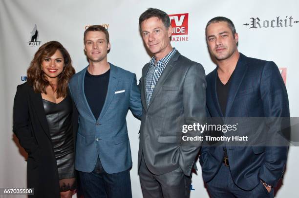 Monica Raymund, Jesse Spencer, President and Publisher of TV Guide Paul Turcotte and Taylor Kinney attend TV Guide Celebrates Cover Stars Taylor...