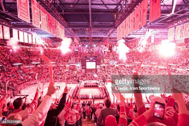 Fireworks go off following the ceremony to close Joe Louis Arena following the NHL hockey game between the New Jersey Devils and Detroit Red Wings on...