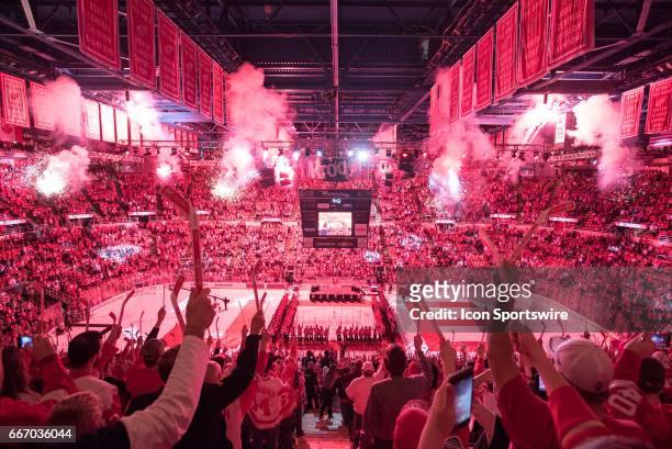 Fireworks go off following the ceremony to close Joe Louis Arena following the NHL hockey game between the New Jersey Devils and Detroit Red Wings on...