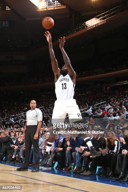 Anthony Bennett of the Brooklyn Nets shoots the ball during the game against the New York Knicks on March 16, 2017 at Madison Square Garden in New...