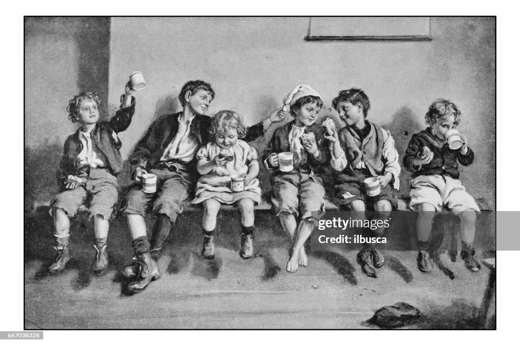 Antique photo of paintings: Children eating