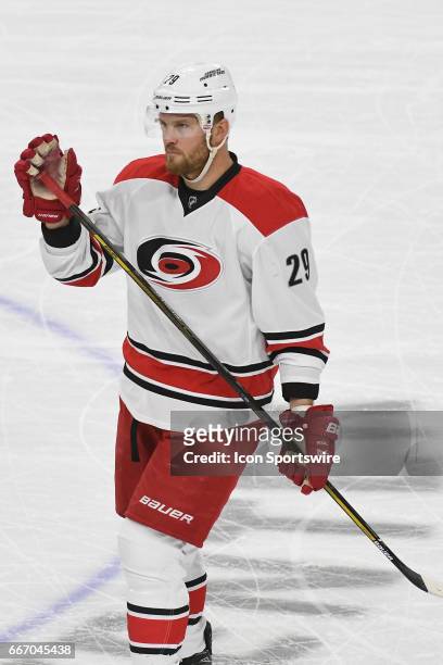 Carolina Hurricanes Left Wing Bryan Bickell waves to the crowd during a National Hockey League game between the Carolina Hurricanes and the...