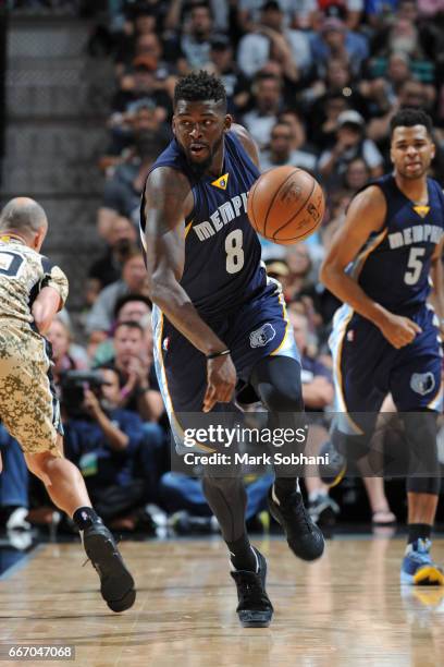 James Ennis of the Memphis Grizzlies brings the ball up court during the game against the San Antonio Spurs on March 23, 2017 at the AT&T Center in...