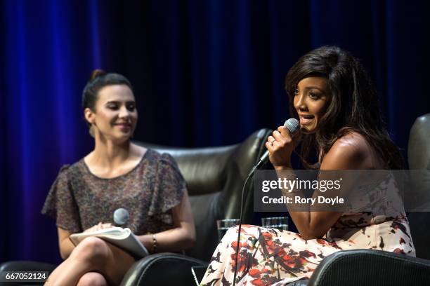 Mickey Guyton answers panel questions with moderator Kyndle McMahan at GRAMMY Museum Mississippi on April 10, 2017 in Cleveland, Mississippi.