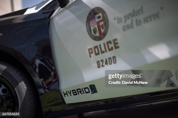 Hybrid police car is seen at the unveiling of two new Ford Fusion hybrid pursuit-rated Police Responder cars at Los Angeles Police Department...