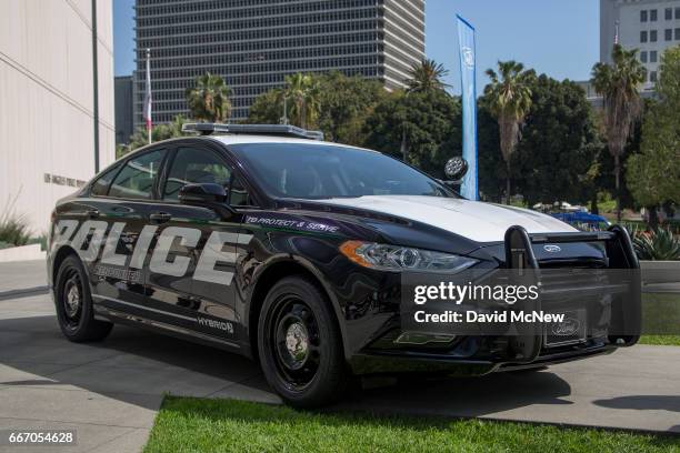 Hybrid police car is seen at the unveiling of two new Ford Fusion hybrid pursuit-rated Police Responder cars at Los Angeles Police Department...