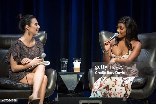 Mickey Guyton answers panel questions with moderator Kyndle McMahan at the GRAMMY Museum Mississippi on April 10, 2017 in Cleveland, Mississippi.