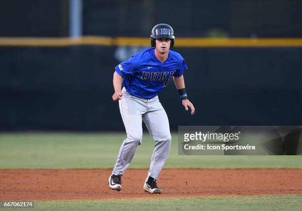 Duke infielder Max Miller takes a lead during a college baseball game between the Duke University Blue Devils and the University of Miami Hurricanes...