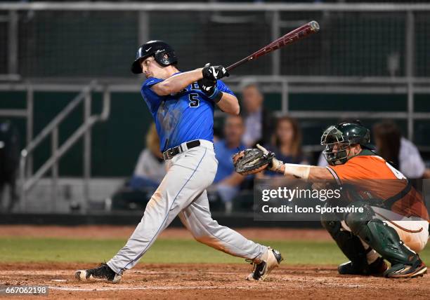 Duke infielder Max Miller at bat during a college baseball game between the Duke University Blue Devils and the University of Miami Hurricanes on...