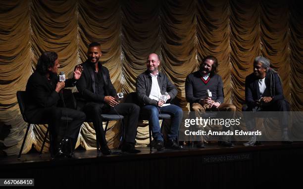 Actors Ian McShane and Ricky Whittle, producers/showrunners Michael Green and Bryan Fuller and Film Independent at LACMA film curator Elvis Mitchell...