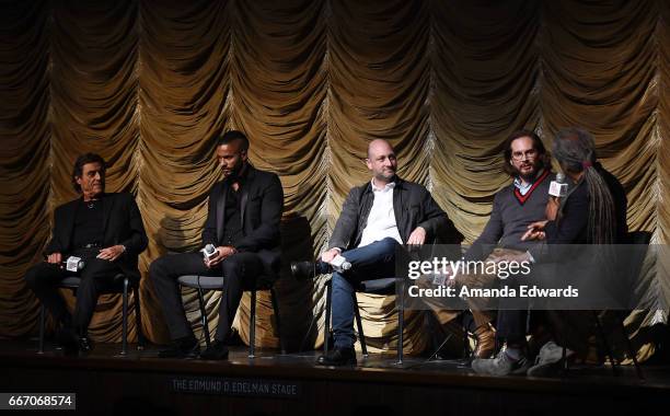 Actors Ian McShane and Ricky Whittle, producers/showrunners Michael Green and Bryan Fuller and Film Independent at LACMA film curator Elvis Mitchell...