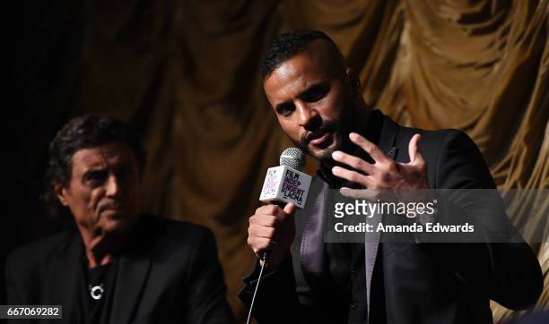 Actors Ian McShane and Ricky Whittle attend the Film Independent at LACMA special screening and Q&A of "American Gods" at the Bing Theatre at LACMA...