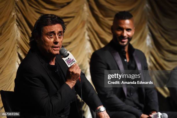 Actors Ian McShane and Ricky Whittle attend the Film Independent at LACMA special screening and Q&A of "American Gods" at the Bing Theatre at LACMA...