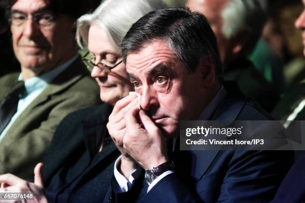 Candidate of Les Republicains right wing Party for the 2017 French Presidential Election Francois Fillon holds a meeting with his wife Penelope at...