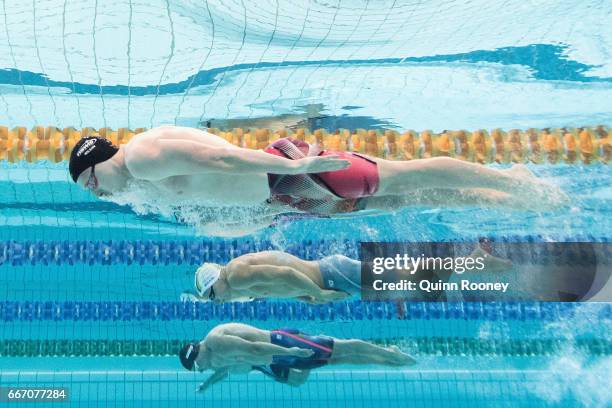 Lennard Bremer, Alex Milligan and Matthew Wilson of Australia compete in the Men's 200m Breaststroke during the 2017 Australian Swimming...