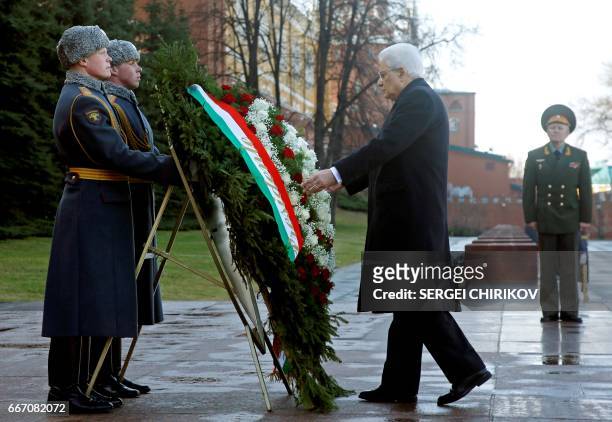 Italian President Sergio Mattarella attends a wreath laying ceremony to the Tomb of the Unknown Soldier in Moscow on April 11, 2017 during an...