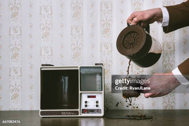 man spilling coffee in retro style - overflowing stock pictures, royalty-free photos & images