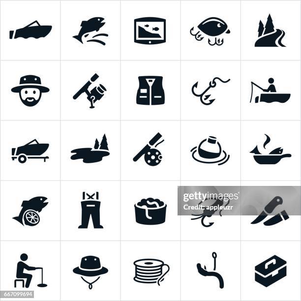 fishing icons - fishing reel stock illustrations