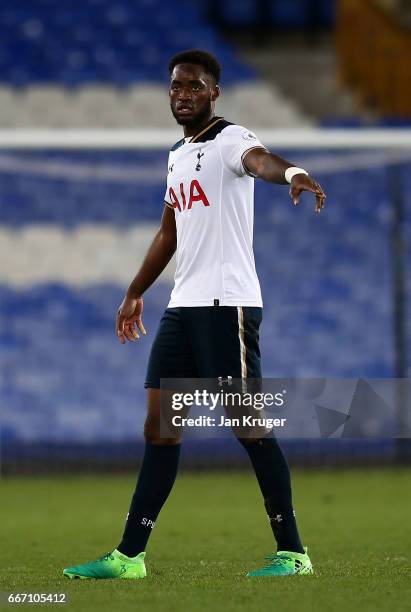 Christian Maghoma of Tottenham Hotspur in action during the Premier League 2 match between Everton and Tottenham Hotspur at Goodison Park on April...