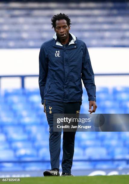 Ugo Ehiogu, coach of Tottenham Hotspur during the Premier League 2 match between Everton and Tottenham Hotspur at Goodison Park on April 10, 2017 in...