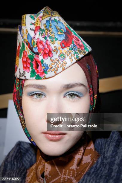 Model, beauty backstage detail, is seen backstage ahead of the Stella Jean show during Milan Fashion Week Fall/Winter 2017/18 on February 26, 2017 in...