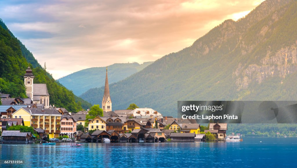 View of the Hallstatt with warm sunlight in evening