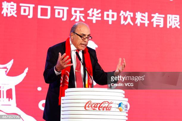 Chairman and chief executive officer of Coca-Cola Muhtar Kent makes a speech to announce the World's largest soft drink company Coca-Cola Co opened...