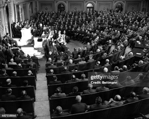 General view in the House of Representatives as President Harry S. Truman addressed a joint session of Congress. Seated back of the President are,...