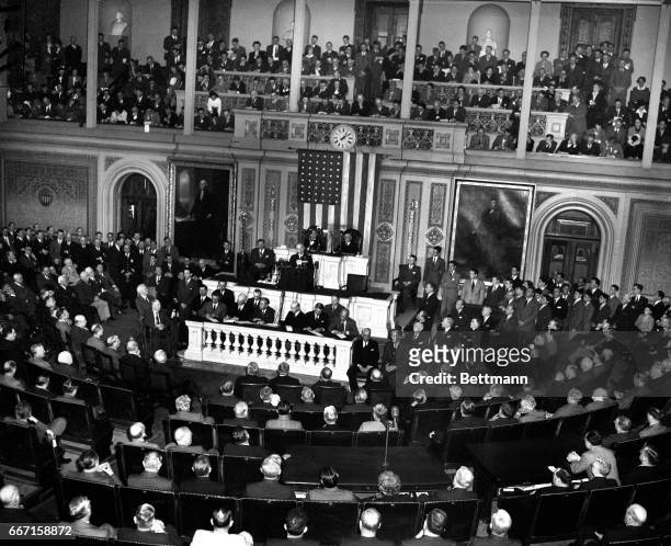General view in the House of Representatives as President Harry S. Truman addressed a joint session of Congress. Seated back of the President are,...