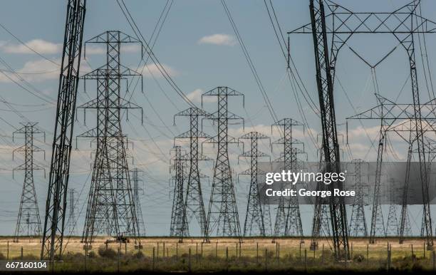 High tension electrical power lines move north and south along Highway 58 as viewed on March 28 near Buttonwillow, California. Oil and natural gas...