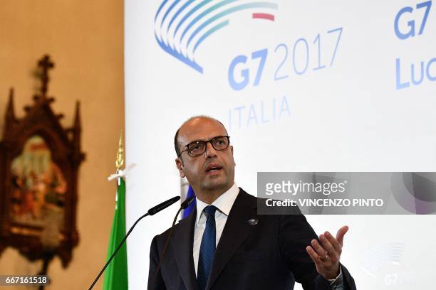 Italy Foreign Minister Angelino Alfano speaks during the closing press conference of the meeting of Foreign Affairs Ministers from the Group of Seven...