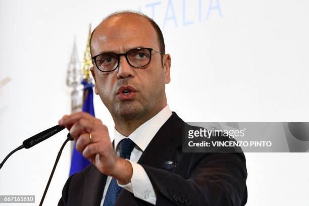 Italy Foreign Minister Angelino Alfano speaks during the closing press conference of the meeting of Foreign Affairs Ministers from the Group of Seven...