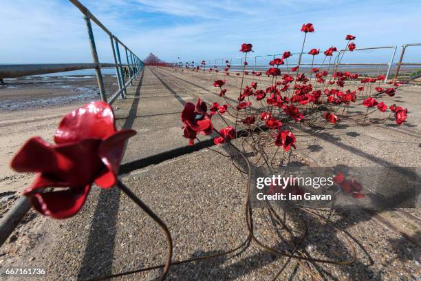 General view of the poppy sculpture "Wave" at Barge Pier, Shoeburyness, Southend-on- Sea as part of a UK-wide tour organised by 14-18 NOW on April...