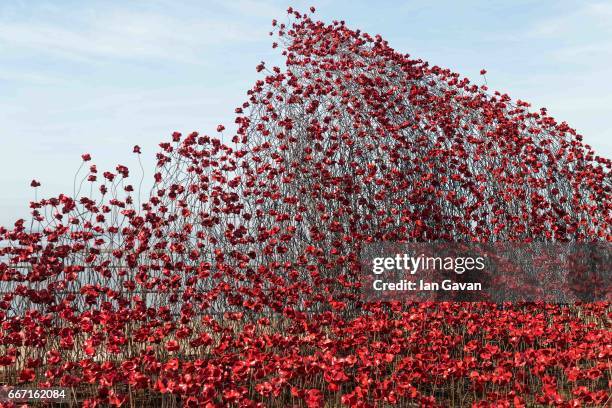 General view of the poppy sculpture "Wave" at Barge Pier, Shoeburyness, Southend-on- Sea as part of a UK-wide tour organised by 14-18 NOW on April...