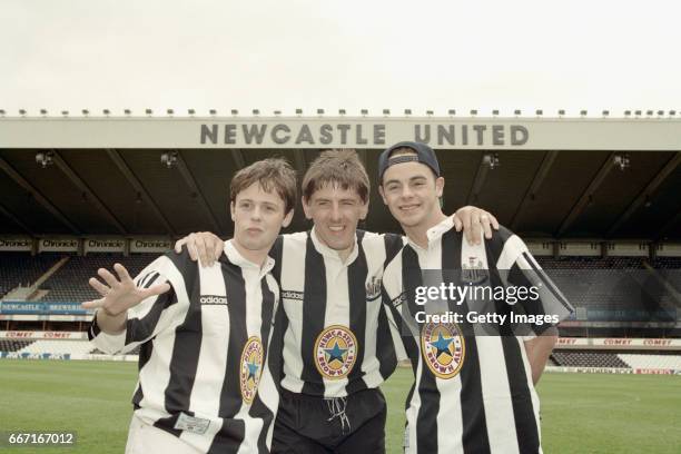 Newcastle United striker Peter Beardsley is joined by entertainers Ant and Dec at the launch at St James' Park on May 10, 1995 of the new adidas...