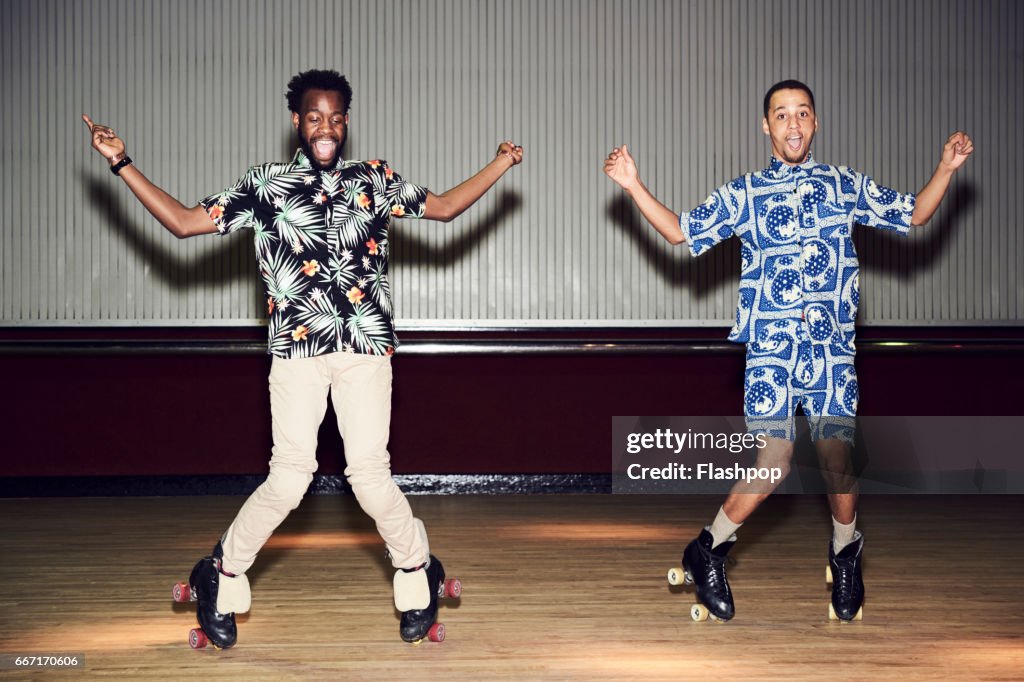 Friends having fun at roller disco