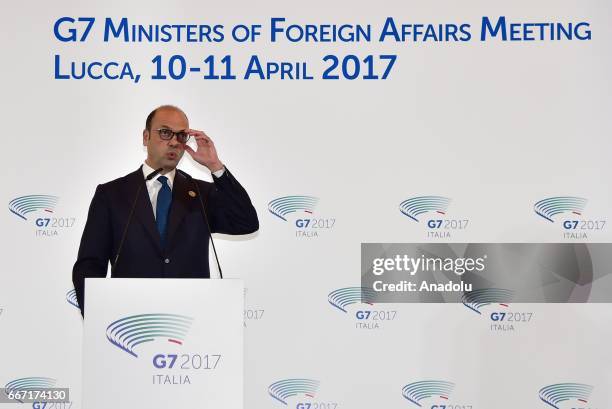 Italian Foreign Minister Angelino Alfano delivers a speech during a press conference within G7 Ministers of Foreign Affairs Meeting in Lucca, Italy...