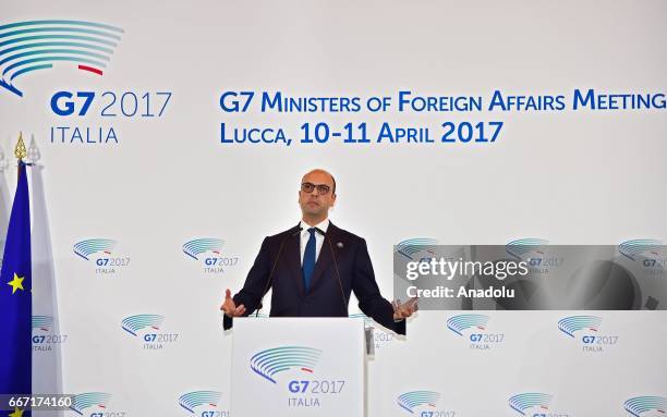 Italian Foreign Minister Angelino Alfano delivers a speech during a press conference within G7 Ministers of Foreign Affairs Meeting in Lucca, Italy...