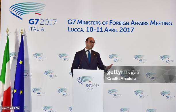 Italian Foreign Minister Angelino Alfano delivers a speech during a press conference within G7 Ministers of Foreign Affairs Meeting in Lucca, Italy...