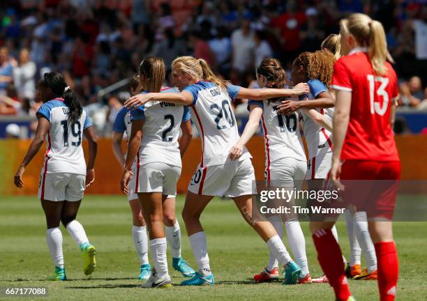 The U.S. Team celebrates a goal by Rose Lavelle in the first half against Russia during the International Friendly soccer match at BBVA Compass...