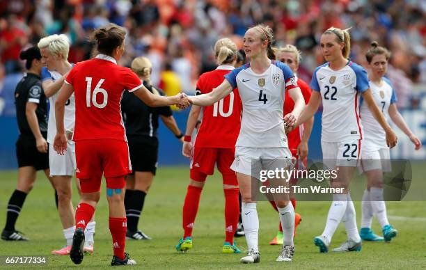 Becky Sauerbrunn of the U.S. Shakes hands with Anastasia Pozdeeva of Russia after the International Friendly soccer match at BBVA Compass Stadium on...