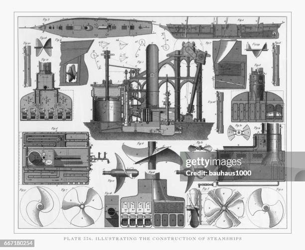 illustrating the construction of steamships engraving, 1851 - steamboat stock illustrations