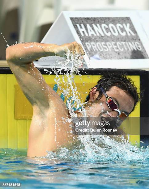 Daniel Cave of Australia celebrates winning the Men's 100m Breaststroke during the 2017 Australian Swimming Championships at the Sleeman Sports...