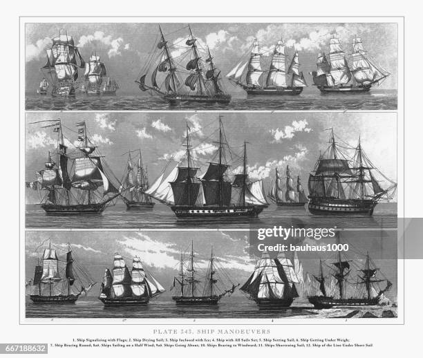 illustrations, cliparts, dessins animés et icônes de gravure de manoeuvres de navires, 1851 - planche pictos defense