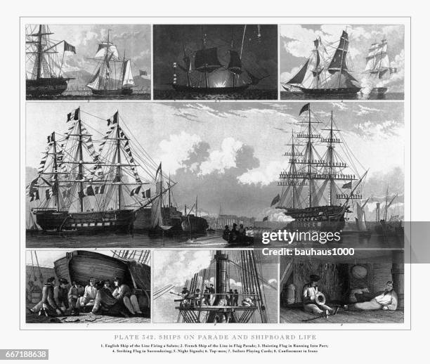 illustrations, cliparts, dessins animés et icônes de navires sur la parade et la vie de bord de la gravure, 1851 - planche pictos defense