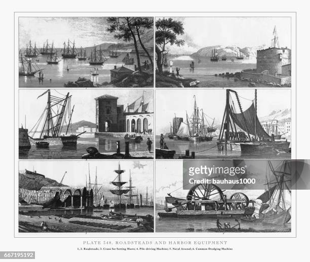 roadsteads and harbor equipment engraving, 1851 - shipbuilders stock illustrations