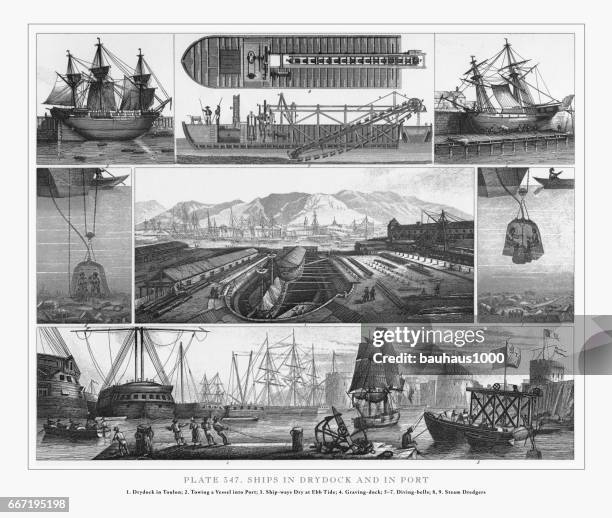 illustrazioni stock, clip art, cartoni animati e icone di tendenza di navi nel dedfino e nell'incisione portuale, 1851 - var