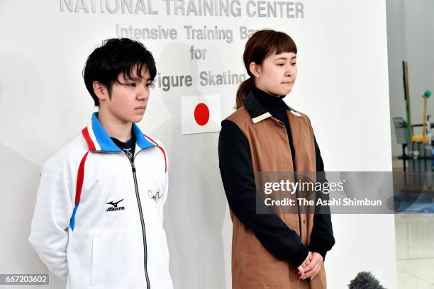 Figure skaters Shoma Uno and Kanako Murakami speak to media reporters after figure skater Mao Asada announced her retirement on April 11, 2017 in...